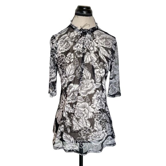 Womens Blouse Top Size Medium Mesh Sheer High Neckline Floral Print Ruffle Black - Picture 1 of 12
